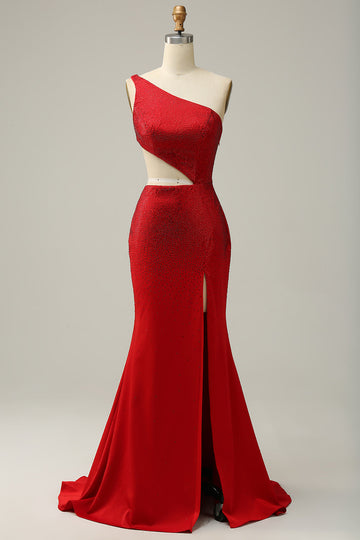 Sirena Un Hombro Rojo Vestido de Fiesta Con Abalorios